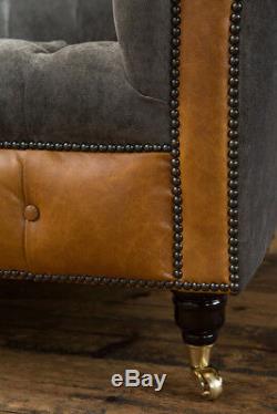 Modern 4 Seater Slate Grey Velvet & Vintage Tan Leather Chesterfield Sofa