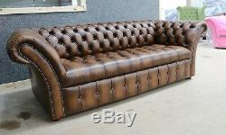Modern Handmade Vintage Tan Leather Chesterfield Buttoned Seat 3 Seater Sofa