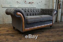 Modern Slate Grey Velvet Vintage Antique Tan Leather 2 Seater Chesterfield Sofa
