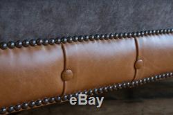 Modern Slate Grey Velvet Vintage Antique Tan Leather 2 Seater Chesterfield Sofa