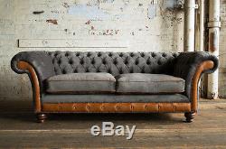 Modern Slate Grey Velvet Vintage Antique Tan Leather 3 Seater Chesterfield Sofa