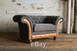Modern Slate Grey Velvet & Vintage Tan Leather 1.5 Seater Chesterfield Snuggle