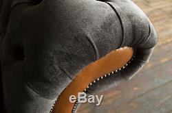 Modern Slate Grey Velvet & Vintage Tan Leather 1.5 Seater Chesterfield Snuggle