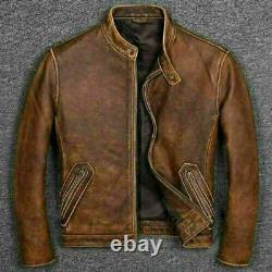 Motorcycle Vintage Tan Brown Biker Distress Mens Bomber Real Leather Jacket