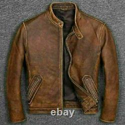 Motorcycle Vintage Tan Brown Biker Distress Mens Bomber Real Leather Jacket