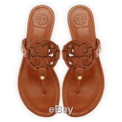 NIB Tory Burch Miller Leather Logo Flat Slide Sandal VINTAGE VACHETTA BROWN TAN