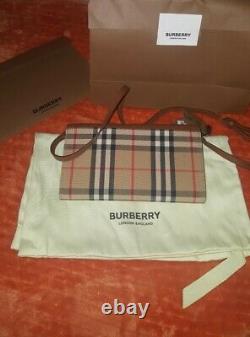 NWT Authentic Burberry Long Hannah EV Vintage Tan Check/Leather Crossbody Bag