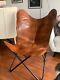 New Handmade Vintage Tan Leather Butterfly Chair Office Chair With Iron Frame