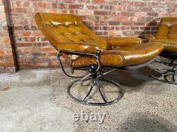 Original Vintage Danish 1970 Pair of Ekrones Reclining Leather Chairs and Stool