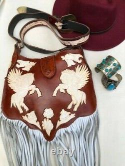 PEGASUS LEATHER BAG Horse Wings Western Floral White Tan Tooled Cowboy Vintage