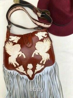 PEGASUS LEATHER BAG Horse Wings Western Floral White Tan Tooled Cowboy Vintage