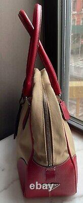 PRADA Vintage Canapa & Cinghiale Tan Canvas & Red Leather Bowling Bag