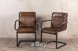 Pair Of Retro Style Tan Leather Upholstered Dining Chair Armrest Vintage Finish