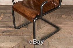 Pair Of Retro Style Tan Leather Upholstered Dining Chair Armrest Vintage Finish