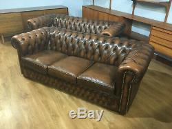 Pair Of Vintage Tan Leather Three Seater Chesterfield Settee Sofa