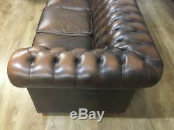 Pair Of Vintage Tan Leather Three Seater Chesterfield Settee Sofa