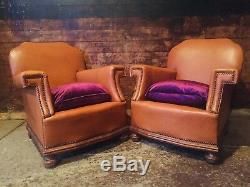 Pair Vintage Art Deco Tan Leather Club Arm Chairs Oak Feet Purple Loose Cushions