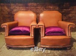 Pair Vintage Art Deco Tan Leather Club Arm Chairs Oak Feet Purple Loose Cushions