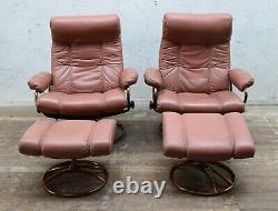 Pair Vintage Ekornes Stressless Tan Leather Reclining Chairs & Footstools