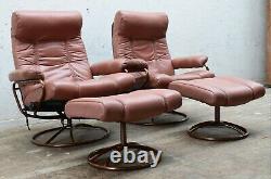 Pair Vintage Ekornes Stressless Tan Leather Reclining Chairs & Footstools