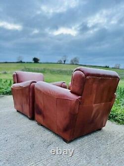 Pair Vintage Tan Brown Leather Deco Club Chairs by Habitat Tan Leather Armchairs