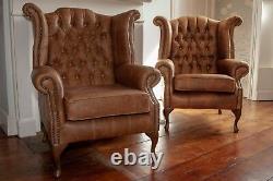 Pair of Chesterfield Queen Anne High Back Wing Chairs in Vintage Tan Leather