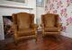 Pair of Chesterfield Queen Anne High Back Wing Chairs in Vintage Tan Leather