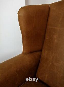 Pair of Chesterfield Queen Anne Wing Chairs & Footstool in Vintage Tan Leather