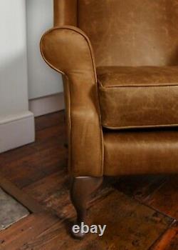 Pair of Chesterfield Queen Anne Wing Chairs & Footstool in Vintage Tan Leather