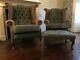 Pair of Chesterfield Wing Back Chairs in Vintage Tan Leather & Harris Tweed