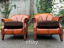 Pair of John Lewis Tetrad Blenheim Tan Leather Chairs / Armchairs Duck Feather