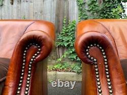 Pair of John Lewis Tetrad Blenheim Tan Leather Chairs / Armchairs Duck Feather