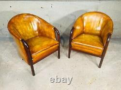 Pair of Vintage Danish Stouby Light Tan Leather Tub Armchairs #926