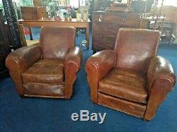 Pair of Vintage Early 20th Century Armchair 1940s Tan Leather French Club Chair