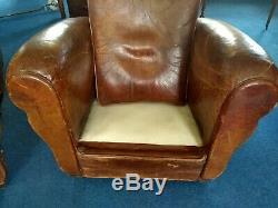 Pair of Vintage Early 20th Century Armchair 1940s Tan Leather French Club Chair