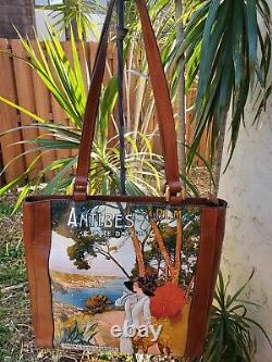 Patricia Nash Antibes Viana French Vintage Travel Poster Leather Tote Tan NWT