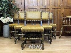 Quality English Oak Cromwell Dining Chairs \ Vintage Tan Leather Kitchen Chairs