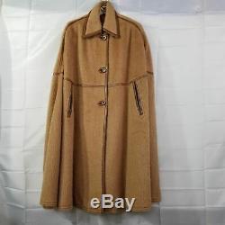 Rare Beltrami Vintage Mohair Wool Poncho Cape Cloak Tan With Leather Trim