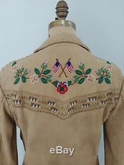 Rare Vintage Ralph Lauren Tan Leather Floral American Flag Beaded Jacket Coat