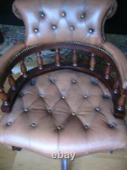 Rare Vintage Tan Leather Chesterfield Captains Swivel Desk Chair