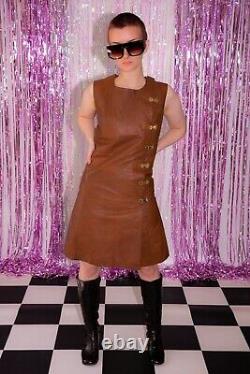 Rare Vintage Tan Leather Gold Twist Buckle Up Dress 60s 70s Cuoio Artico