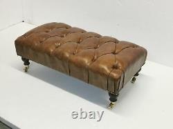 Rectangular Chesterfield Footstool 100% Vintage Tan Leather with Castors
