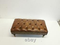 Rectangular Chesterfield Footstool 100% Vintage Tan Leather with Castors