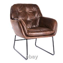 Retro Tan Distressed Leather Armchair Buttoned Tub Sofa Padded Seat Accent Chair