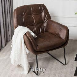 Retro Tan Distressed Leather Armchair Buttoned Tub Sofa Padded Seat Accent Chair
