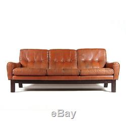 Retro Vintage Danish Design Tan Leather 3 Seat Seater Sofa 1960s 70s Teak Modern