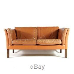 Retro Vintage Danish Tan Leather 2 Seat Seater Sofa 60s Mid Century Mogensen 70s