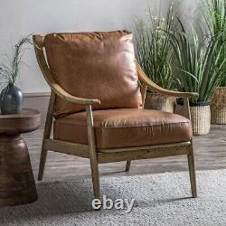 Rocco Vintage Tan Brown Genuine Leather Wooden Armchair Occasional Accent Chair