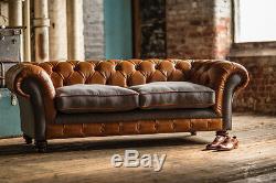 Rustic Tan Leather & Grey Wool 3 Seater Vintage Chesterfield Sofa