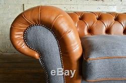 Rustic Tan Leather & Grey Wool 3 Seater Vintage Chesterfield Sofa